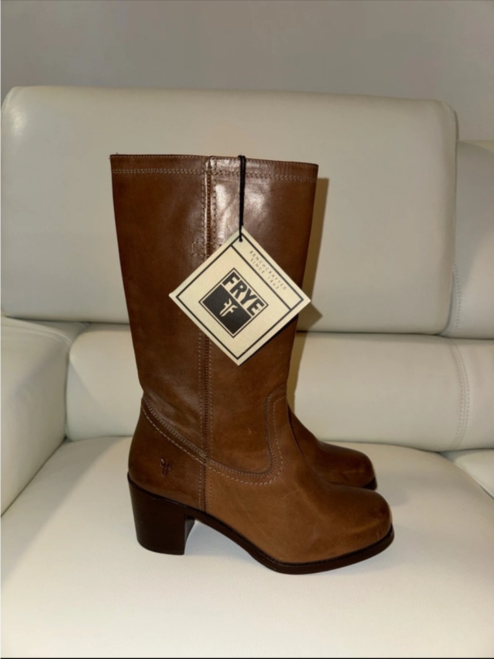 FRYE BROWN LEATHER MID-CALF HEELED BOOTS